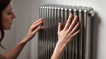 Woman warming her hands on a radiator, cozy winter