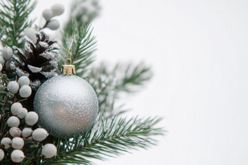 A silver Christmas ornament is hanging from a tree branch. The ornament is surrounded by pine needles and berries, giving it a festive and natural feel