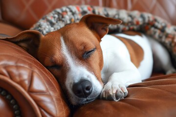 A sleeping dog rests peacefully on a brown leather couch.