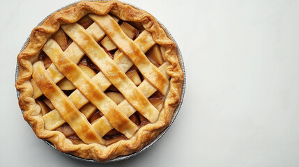 Classic apple pie with a golden lattice crust on a white background.
