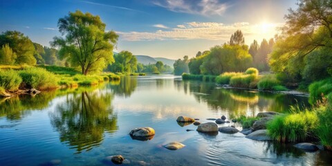 Naklejka premium Tranquil river landscape with gentle rhythms and soft natural elements for relaxation