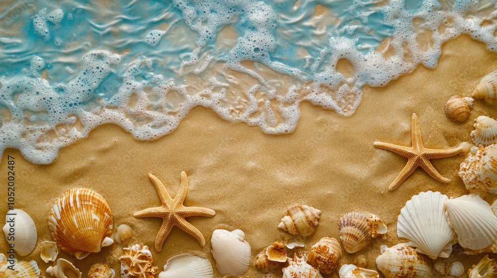 Poster aerial view of a sandy shoreline featuring a variety of unique seashells and starfish creating a nat