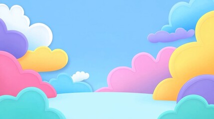 Fototapeta premium A colorful, whimsical sky filled with stylized clouds in various pastel shades.