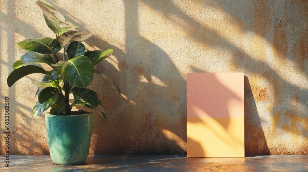 Poster a mockup of a standing brochure is placed next to a colorful potted plant on a sunlit wall creating 