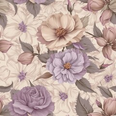 Seamless texture of vintage flowers in lavender, light pink, and beige tones.
