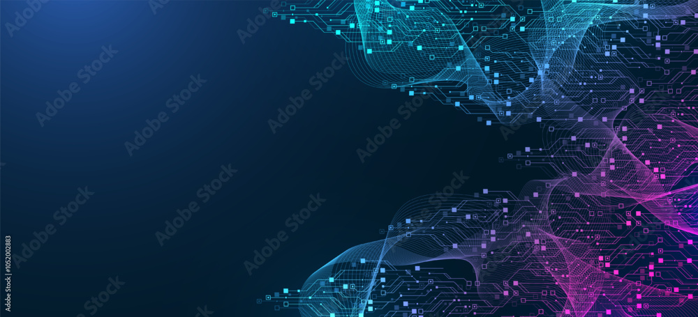 Poster Artificial Intelligence with circuit electric line style. Digital futuristic machine learning design. AI graphic design for website, banner, header, social media, mobile app, UI. Vector illustration