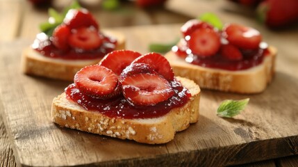 Open-faced sandwiches with strawberry and plum jam, topped with fresh fruit, on a rustic wooden table.