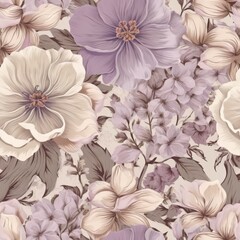 Fototapeta premium Seamless texture of vintage flowers in lavender, light pink, and beige tones.