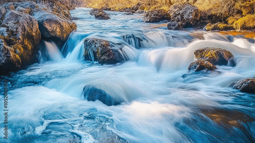 Poster vibrant river water cascades over rocks in sunlight creating whitewater waves long exposure captures