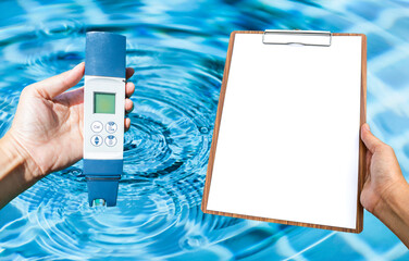 Water digital tester and clipboard in girl hand over blurred clear swimming pool water background,...