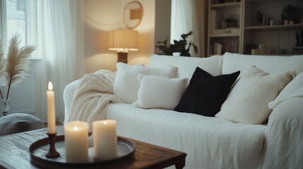 Fototapeta premium Cozy living room with a white sofa, coffee table, candle sticks, and personal accessories for a modern and inviting space