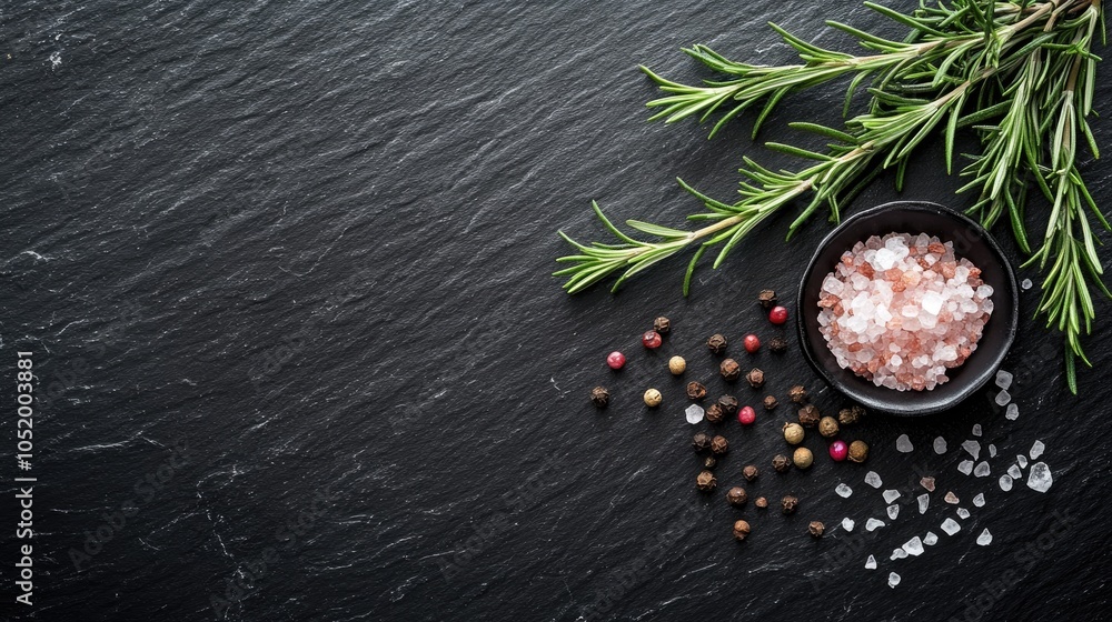 Poster rosemary pink salt and spices arranged on a black stone surface with empty space for menu or recipe 