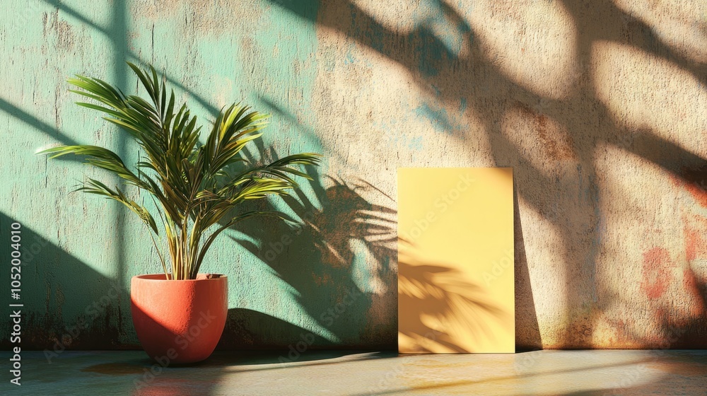 Poster a mockup of a standing brochure is placed next to a colorful potted plant on a sunlit wall creating 