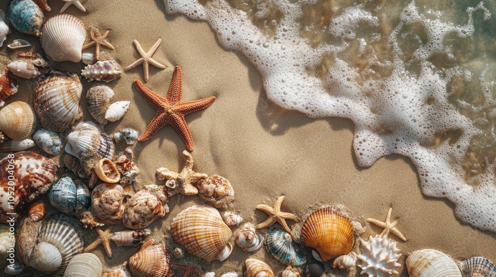 Poster aerial view of a sandy shoreline featuring a variety of unique seashells and starfish creating a nat