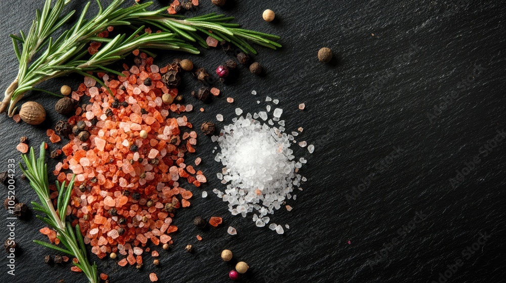 Poster rosemary pink salt and spices arranged on a black stone surface with empty space for menu or recipe 