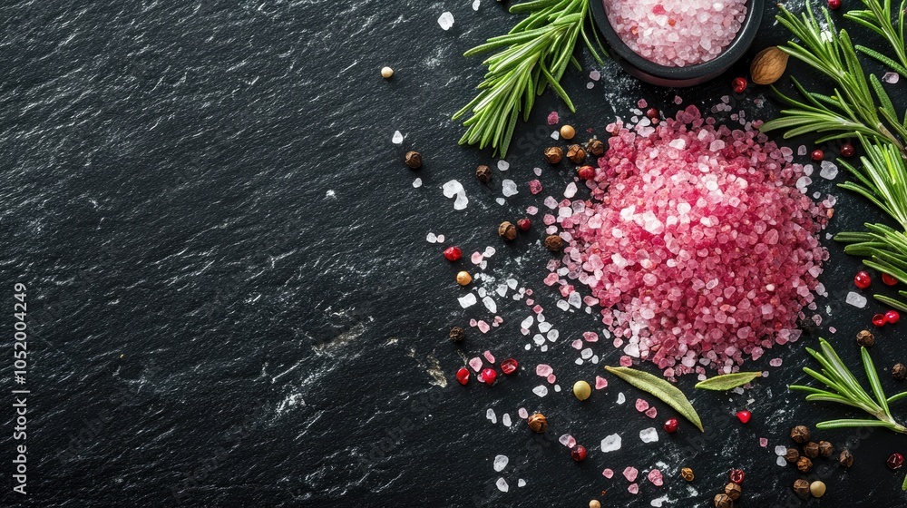 Poster rosemary pink salt and spices arranged on a black stone surface with empty space for menu or recipe 