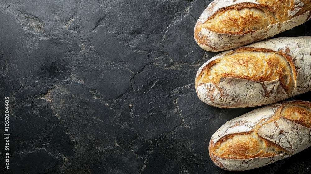 Poster rustic crusty loaves of bread and buns displayed on a black stone background top view with ample cop