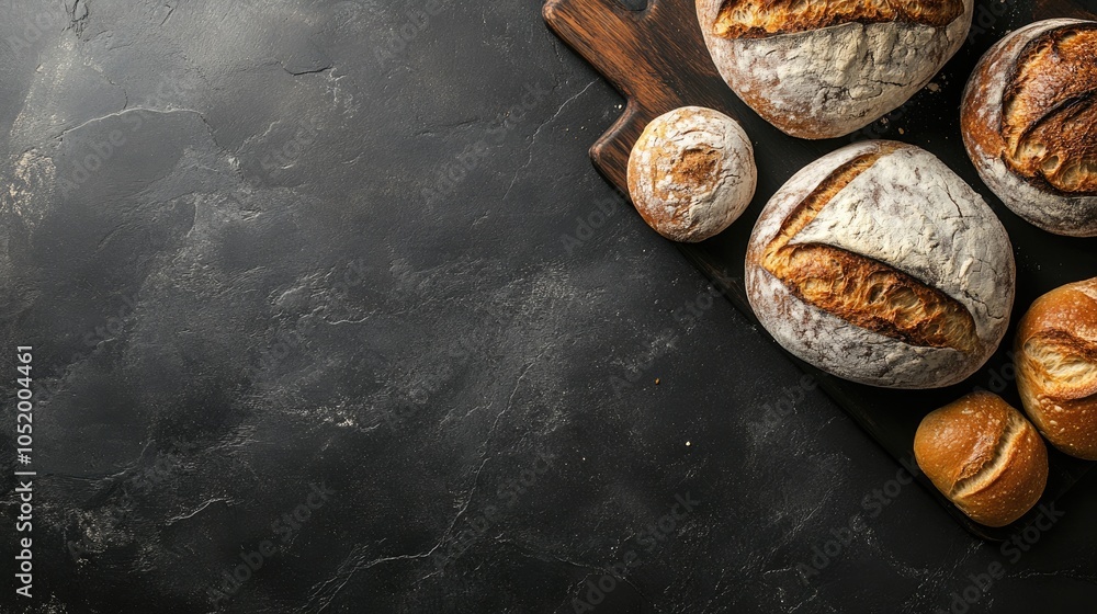 Poster rustic crusty loaves of bread and buns displayed on a black stone background top view with ample cop