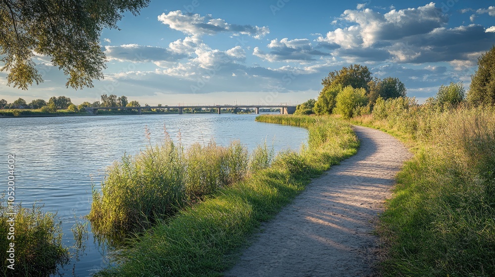 Poster scenic view of a river with a dike and a bridge in the background