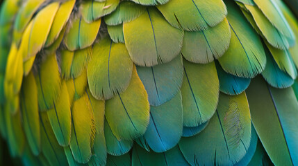 Obraz premium Close-up of layered, textured feathers with shades of green and a golden highlight.