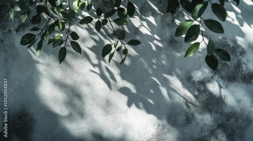 Poster abstract shadows of tree leaves on a textured gray concrete wall featuring roughness and irregularit