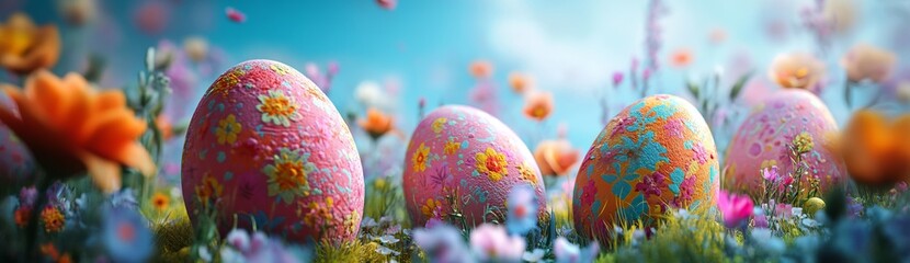 Colorful Easter eggs in an enchanted meadow with flowers. AI generated illustration