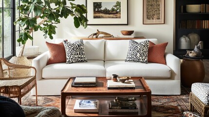 Fototapeta premium Cozy living room with white sofa, patterned pillow, coffee table, and personal accessories