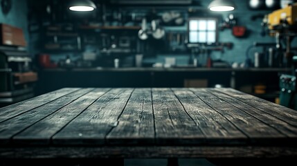 Vintage garage workshop interior with dark wooden tabletop. AI generated illustration