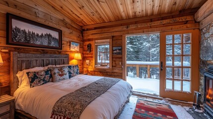 Cozy Cabin Bedroom with Winter View