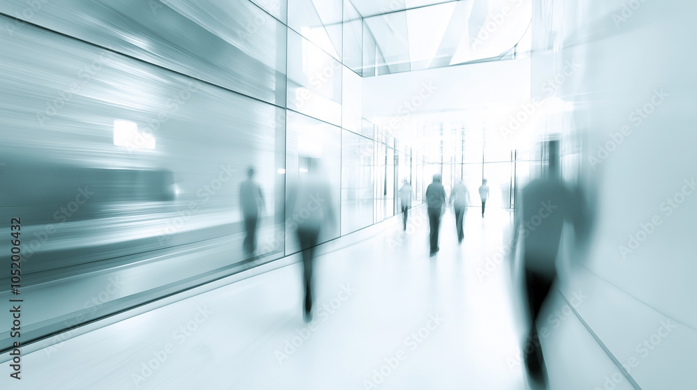 Poster blurred image of people walking in a modern office hallway, creating a dynamic and busy atmosphere.