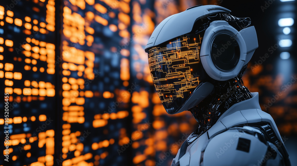 Poster futuristic helmeted figure with a glowing digital interface against a high-tech background.