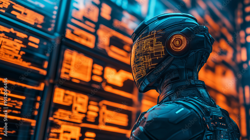 Poster futuristic helmeted figure with a glowing digital interface against a high-tech background.