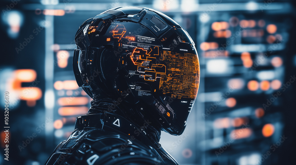 Poster futuristic helmeted figure with a glowing digital interface against a high-tech background.