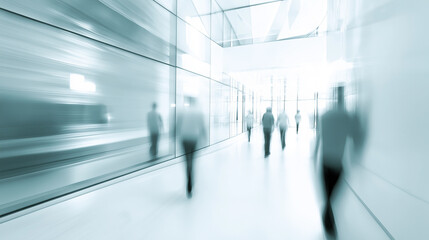 Fototapeta premium Blurred image of people walking in a modern office hallway, creating a dynamic and busy atmosphere.