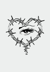 Vector Barbed wire heart with an eye in the center on a white background. Valentine's Day sketch.