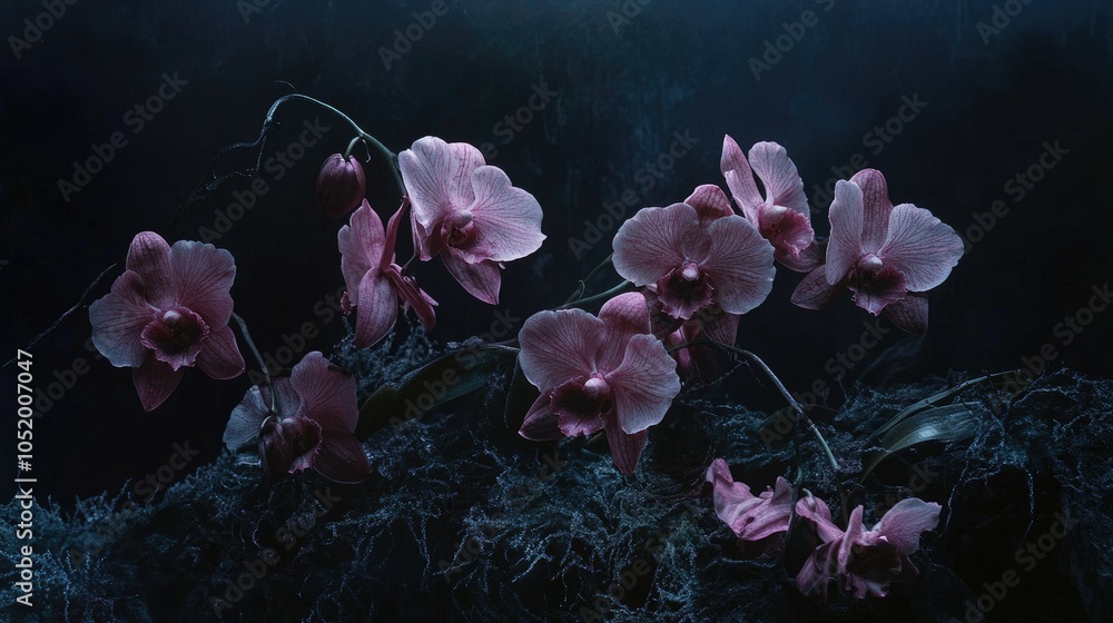 Aufkleber a dark, moody background frames a group of stunning pink orchids, emphasizing their intricate textur