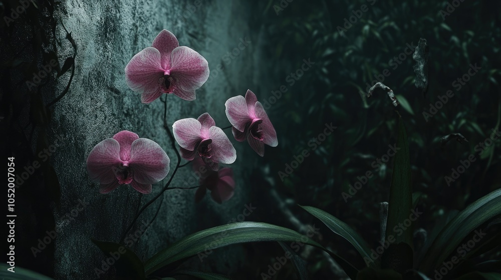 Aufkleber a dark, moody background frames a group of stunning pink orchids, emphasizing their intricate textur