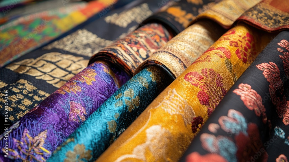 Poster a focused view of a craftsman weaving intricate thai silk patterns, showcasing their expert techniqu