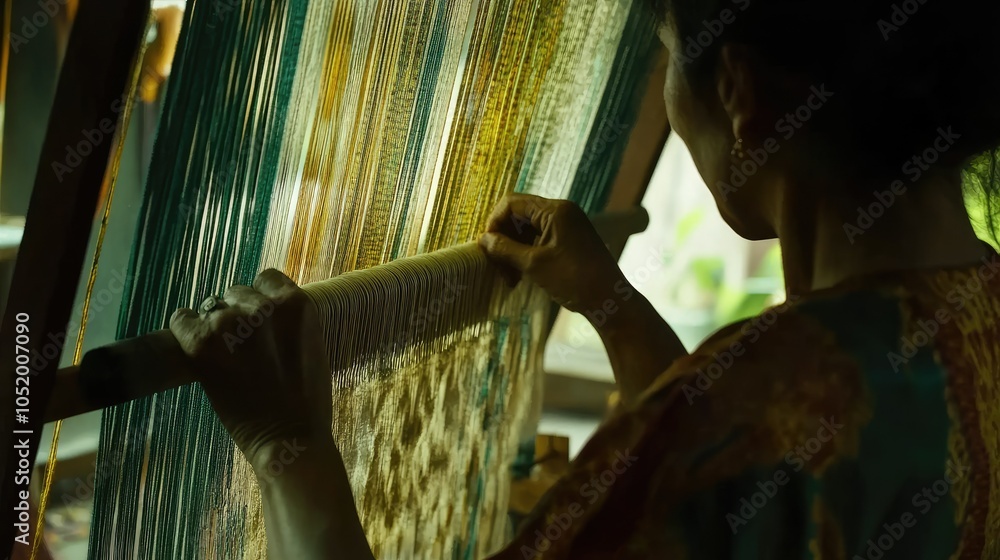Poster a detailed view of a weaver skillfully crafting thai silk, emphasizing the intricate movements and b