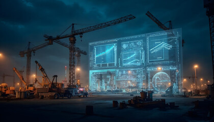 nighttime construction site illuminated by bright lights, showcasing cranes and machinery actively working with digial diagrams