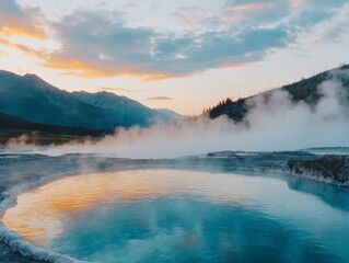 Obraz premium Tranquil Hot Spring at Dusk in Natural Landscape