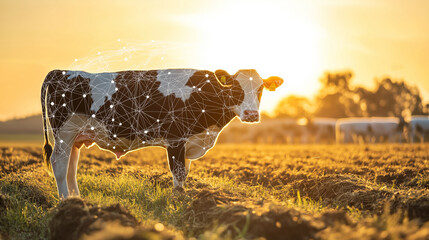 Digital Cow with Network Overlay: A cow outlined with a digital network of glowing lights,...