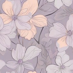 Seamless whimsical floral pattern with soft lavender, peach, and misty grey tones.