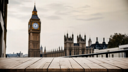 Obraz premium Empty woooden table top with blurred Big Ben clock background
