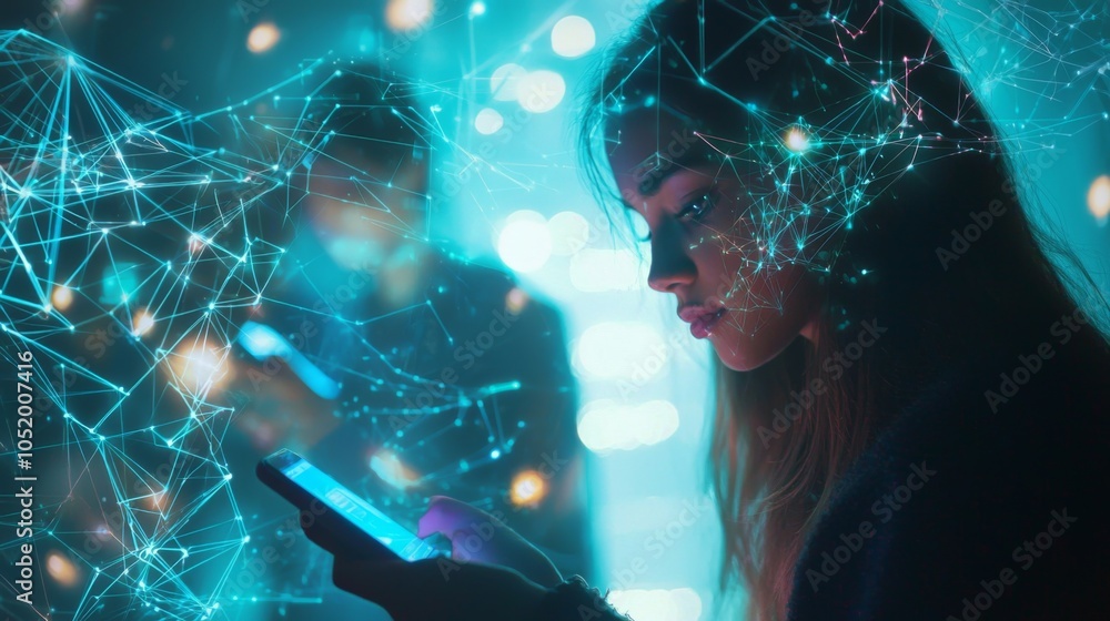 Sticker people using mobile phones and tablets with holographic representations of global data and connectio