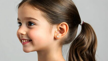 A young girl with brown hair in a ponytail smiles while looking to the side