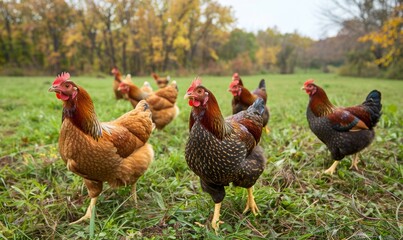 Fototapeta premium Four Chickens Standing In A Field On A Cloudy Day