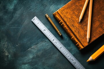 A flat lay of a ruler, pencils, and a book on a textured surface.