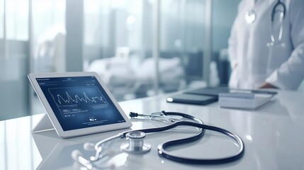 Stethoscope, tablet displaying medical data, hospital reception desk, modern sleek design. Ai generated  