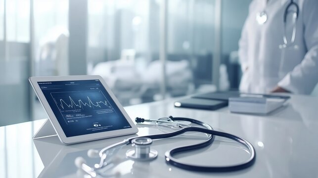 Stethoscope, tablet displaying medical data, hospital reception desk, modern sleek design. Ai generated  
